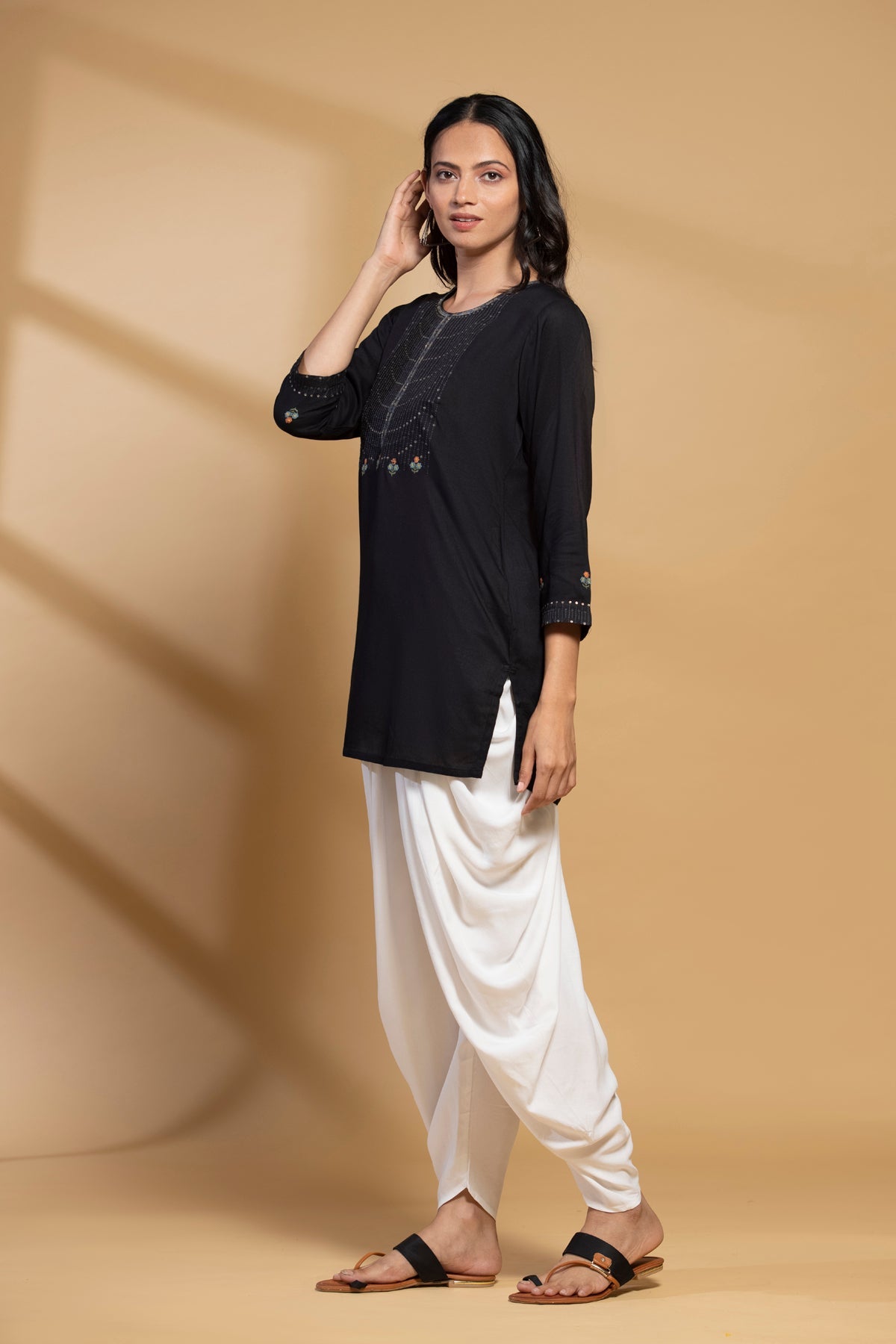 Black Yoke Embroidered Straight Top