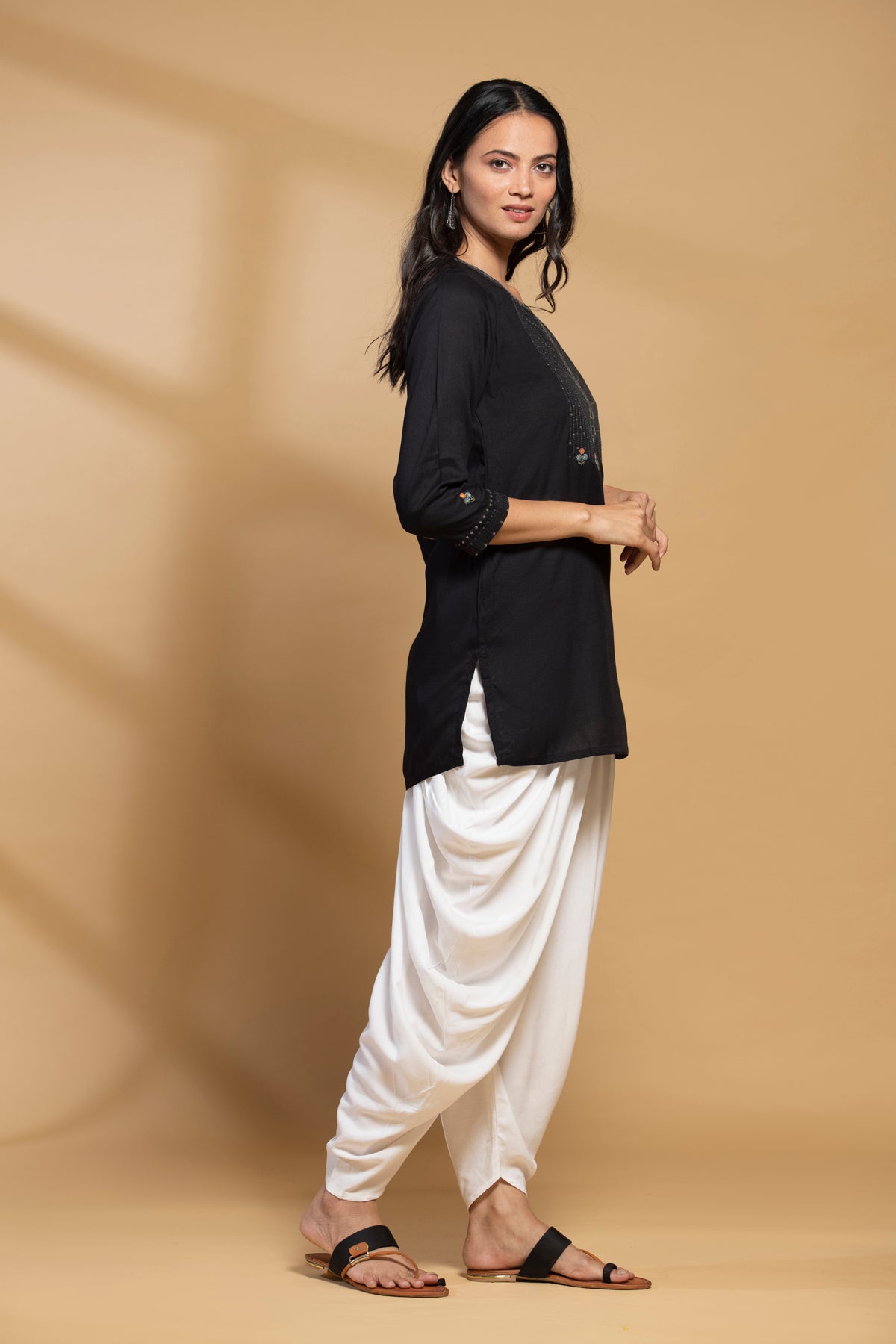 Black Yoke Embroidered Straight Top