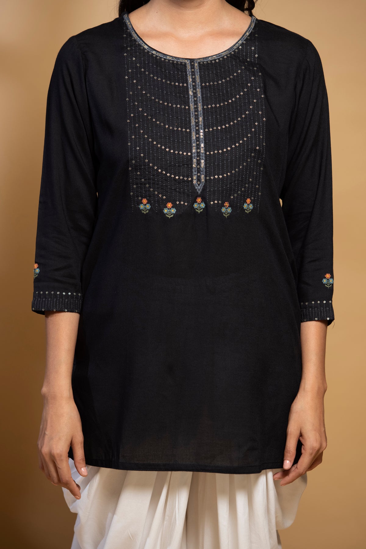 Black Yoke Embroidered Straight Top