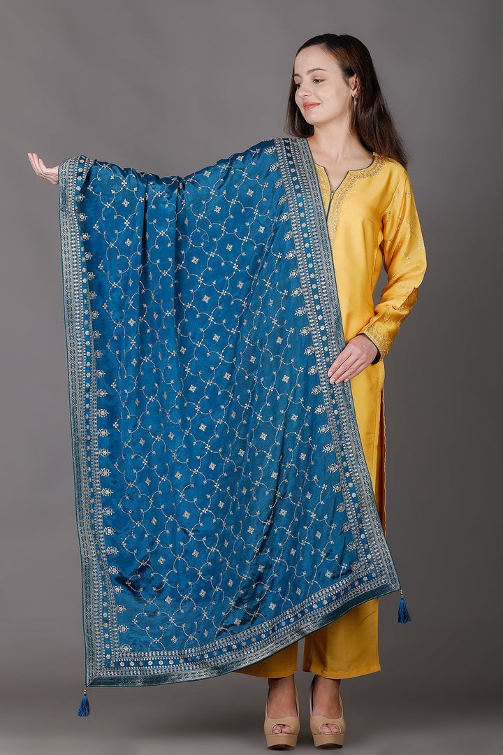 Peacock Blue Ethnic Embroidered Dupatta