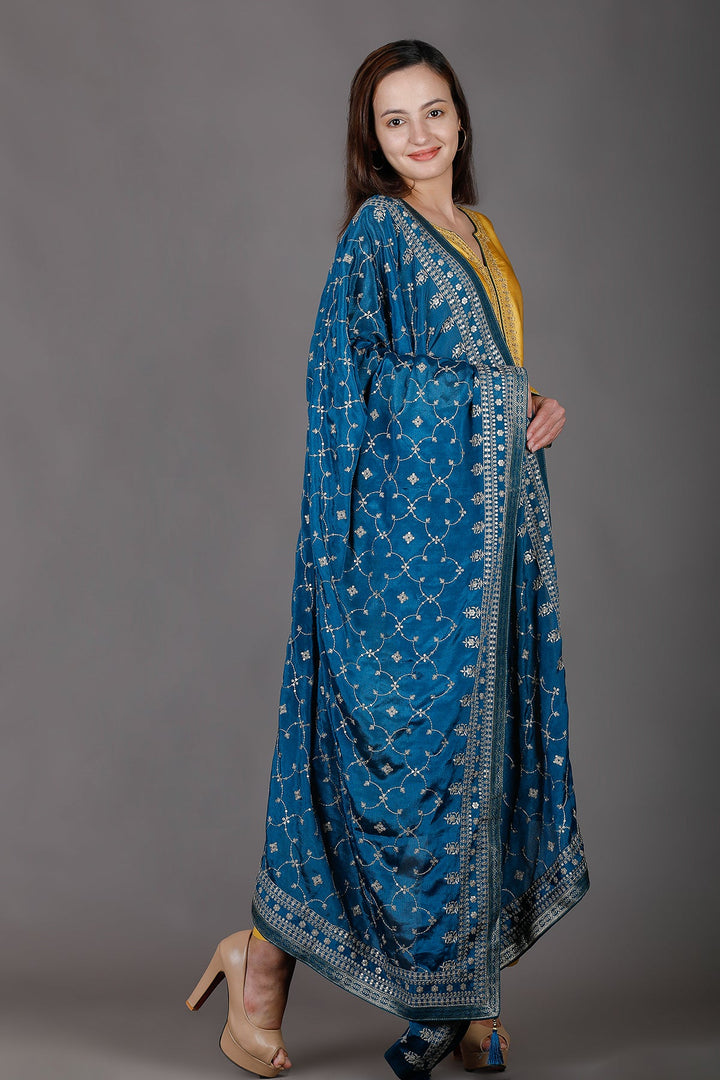 Peacock Blue Ethnic Embroidered Dupatta
