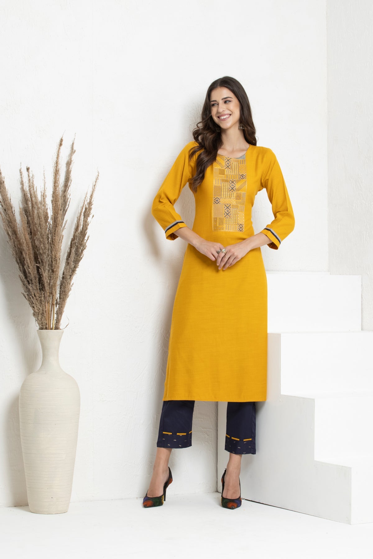 Mustard Embroidered Straight Kurta 2 Pcs Set