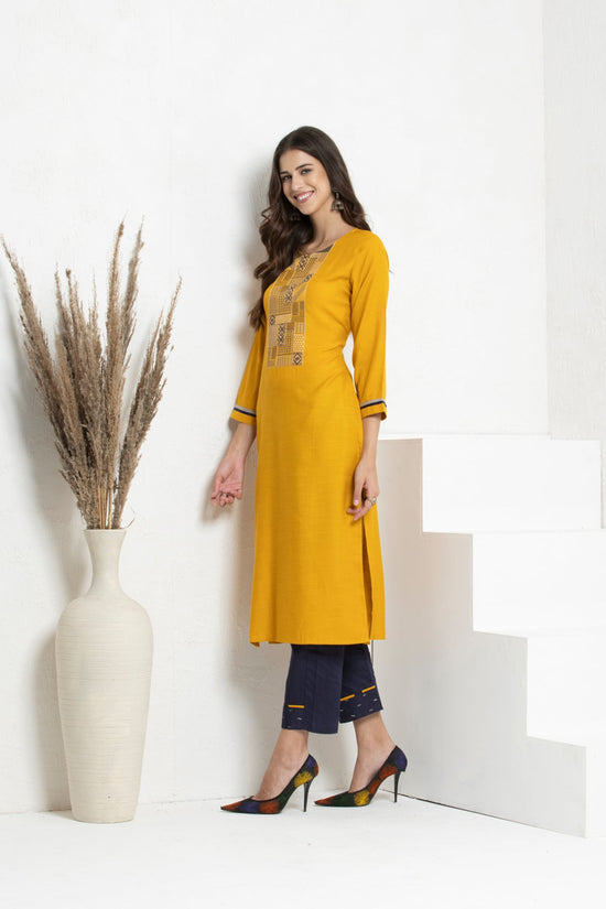 Mustard Embroidered Straight Kurta 2 Pcs Set