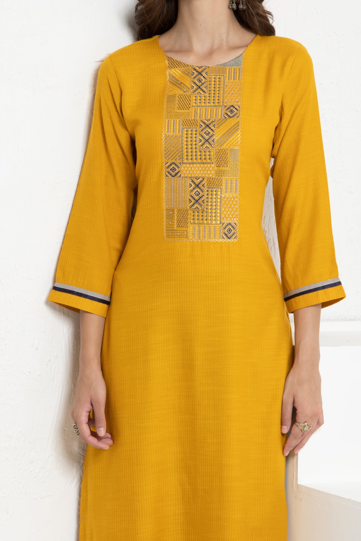 Mustard Embroidered Straight Kurta 2 Pcs Set
