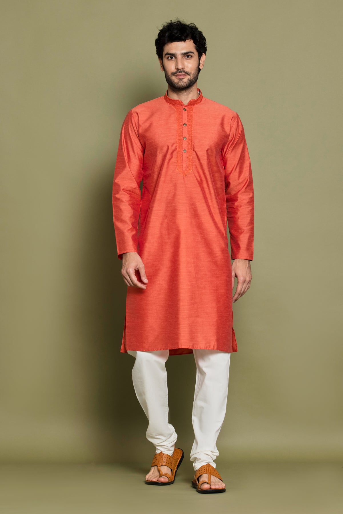 Light Orange Self Design Kurta Set