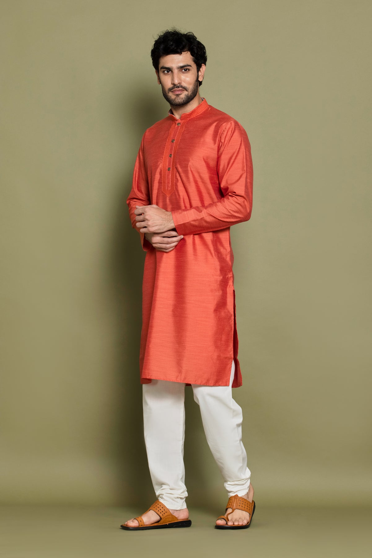 Light Orange Self Design Kurta Set