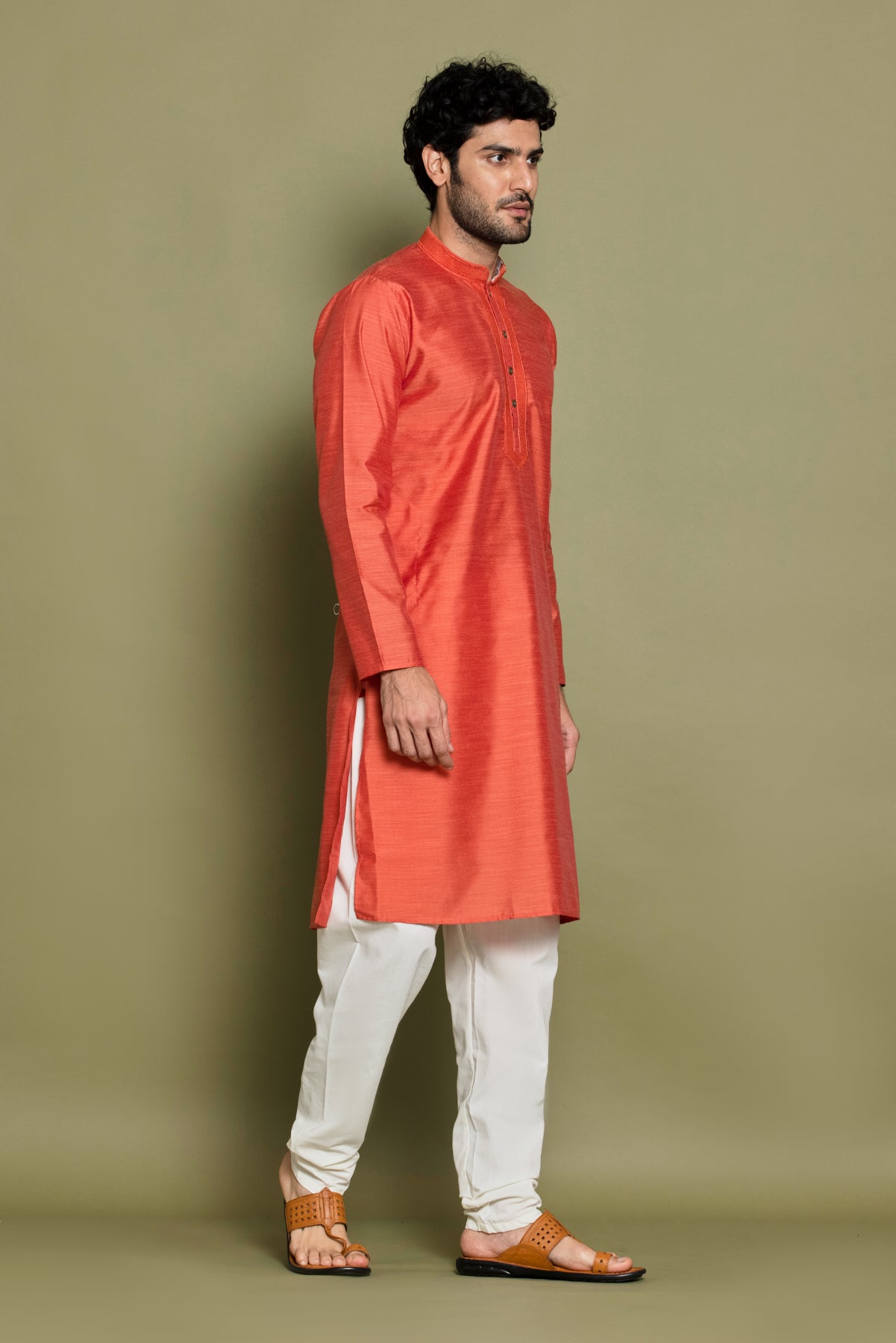 Light Orange Self Design Kurta Set
