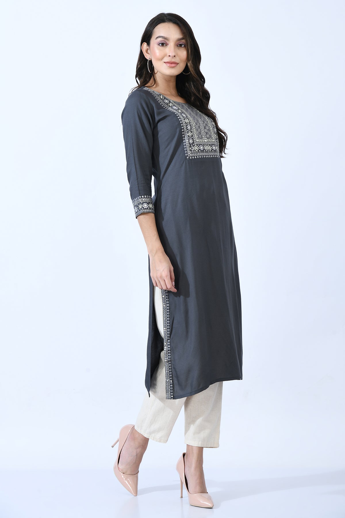 Grey Embellished Kurta