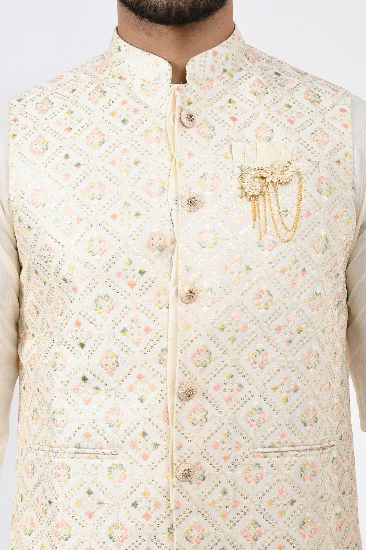 Cream-Coloured Ethnic Embellished Kurta Set