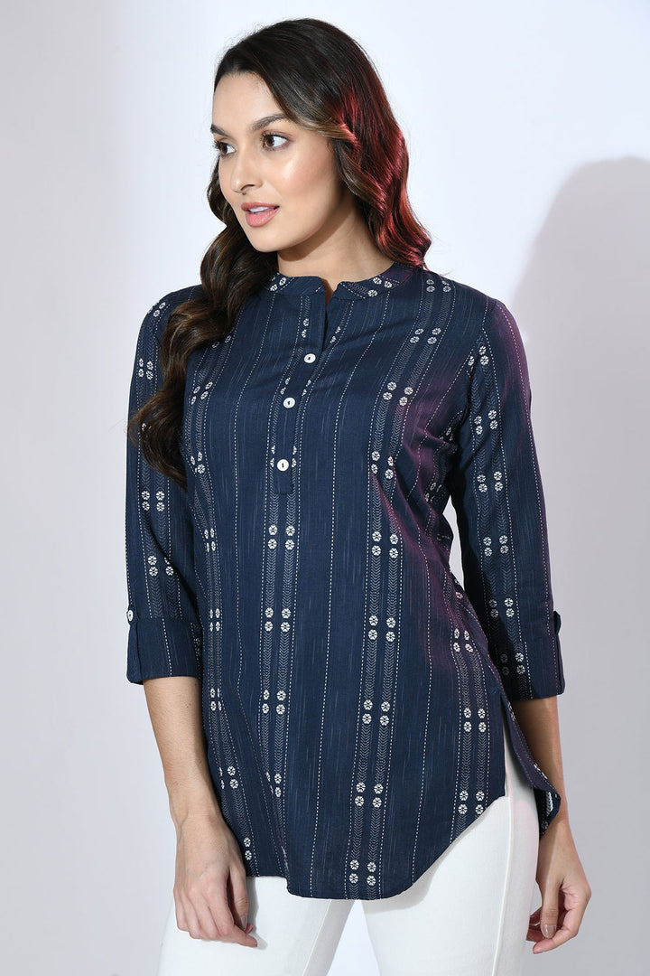 Navy Blue Woven Design Straight Top