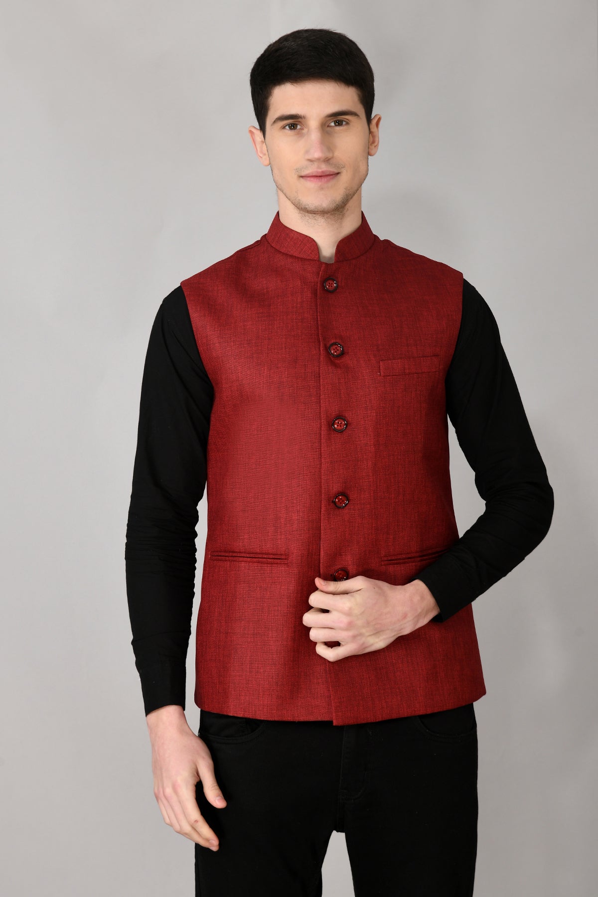 Maroon Solid Woven Nehru Jacket
