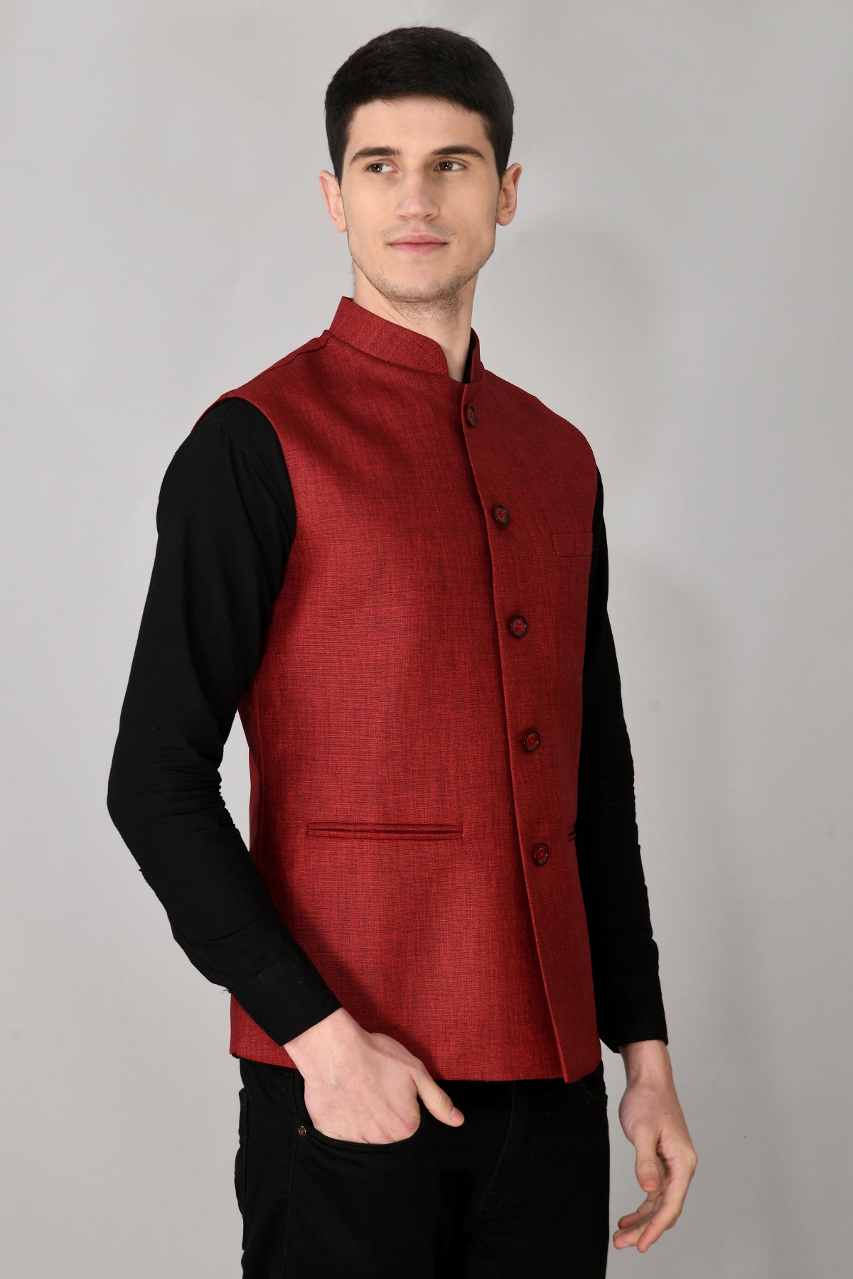 Maroon Solid Woven Nehru Jacket