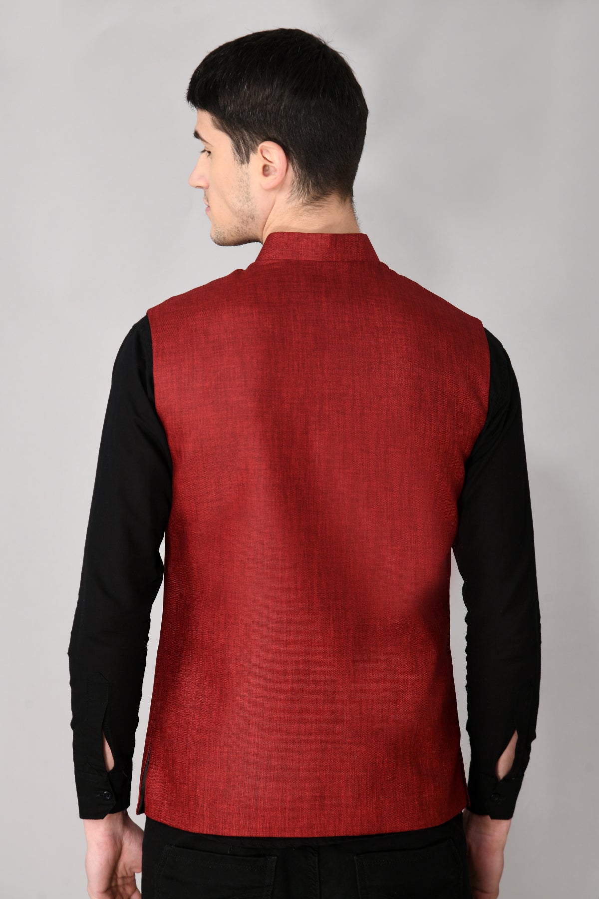 Maroon Solid Woven Nehru Jacket