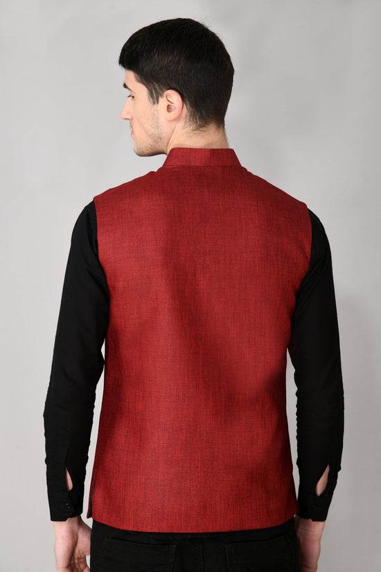 Maroon Solid Woven Nehru Jacket