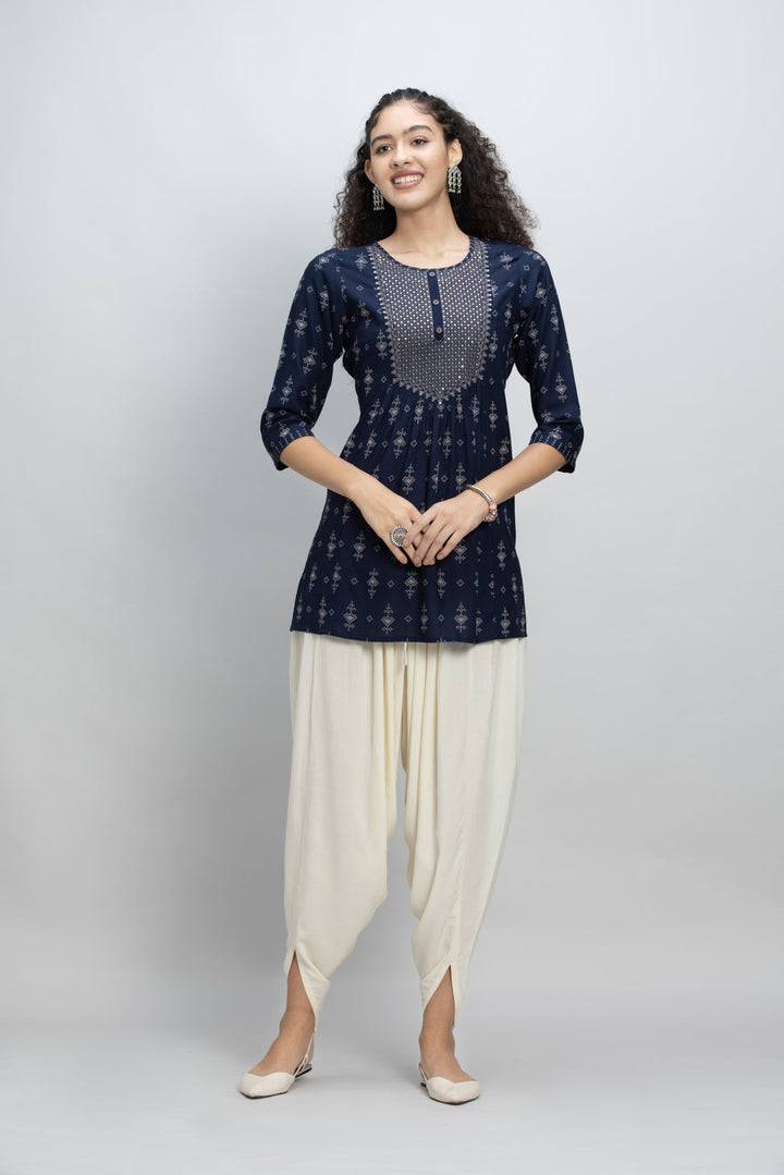 Navy Blue Embroidered A-Line Kurti