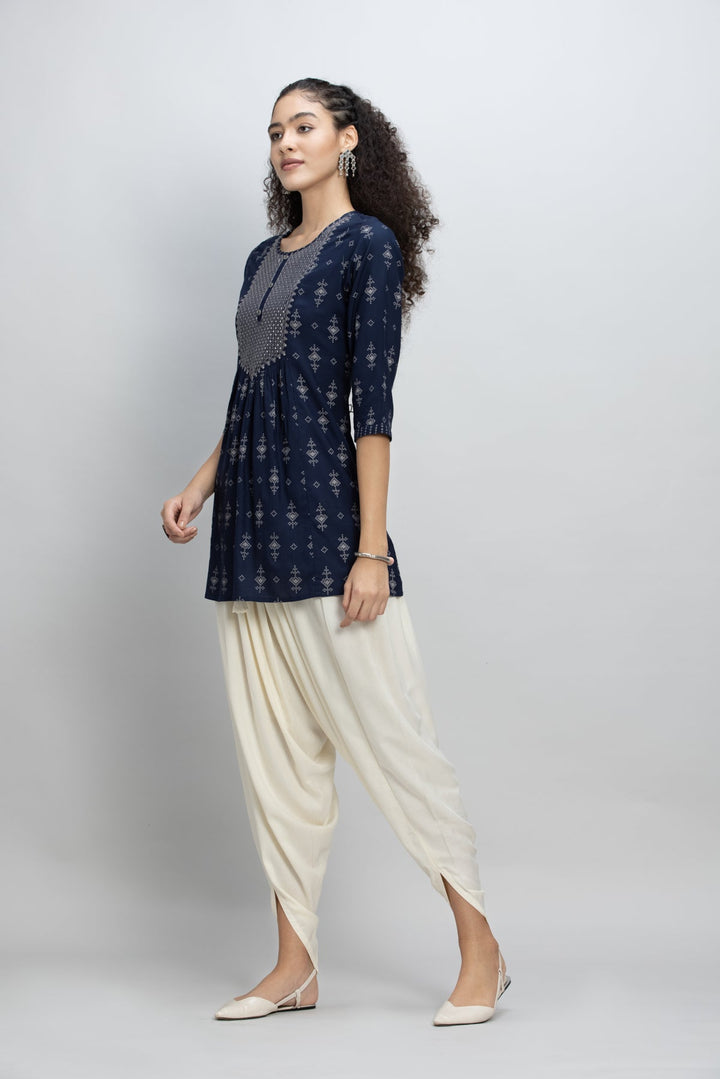 Navy Blue Embroidered A-Line Kurti