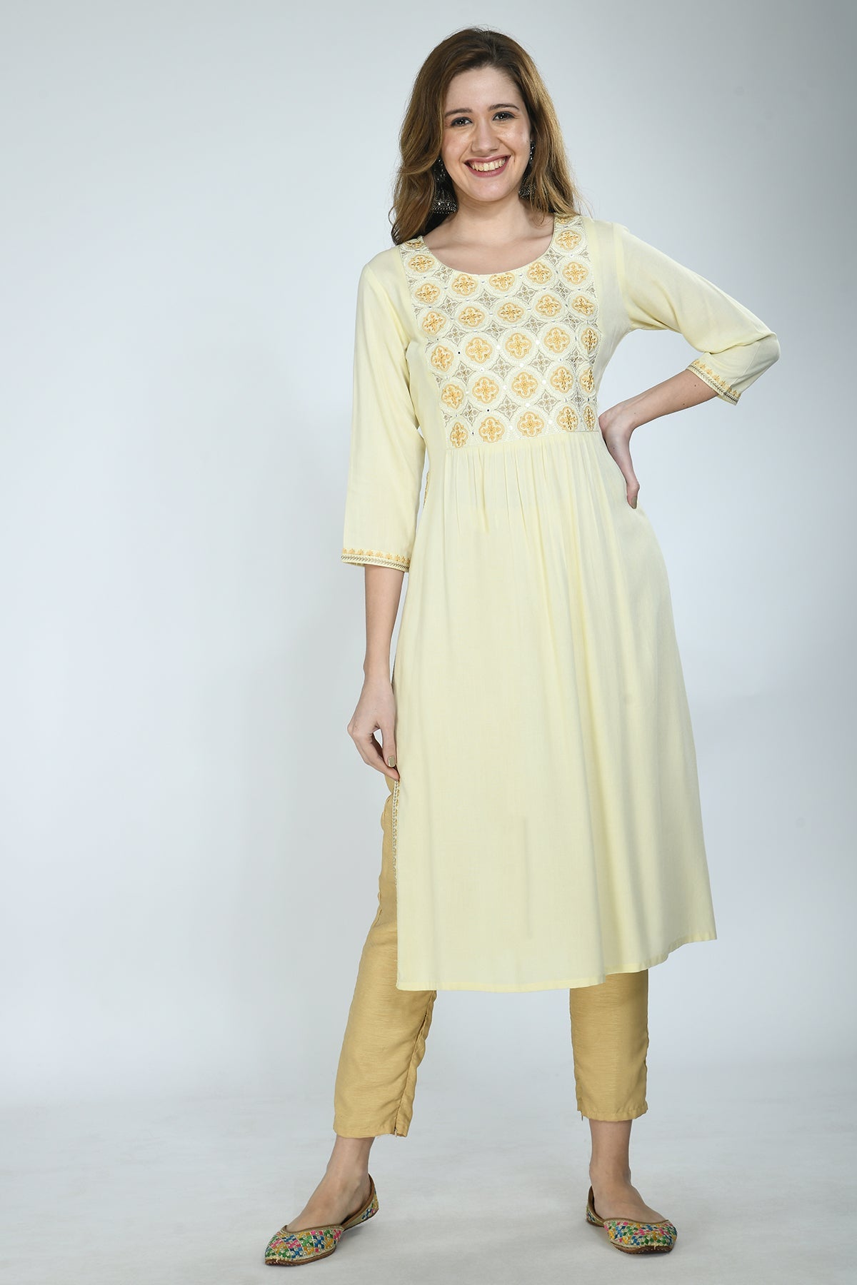 Yellow Floral Yoke Embroidered Kurta