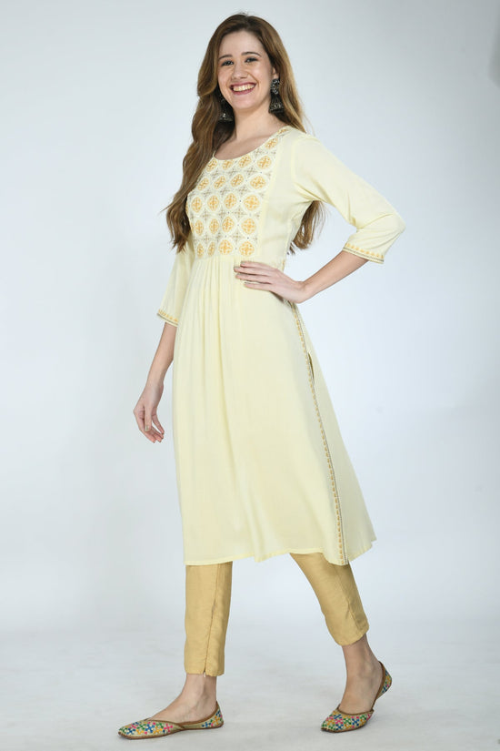 Yellow Floral Yoke Embroidered Kurta