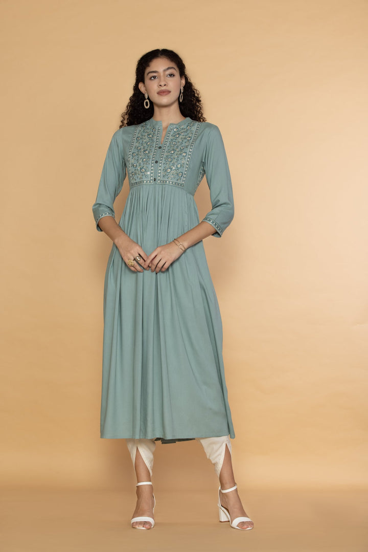 Sea Green Yoke Embroidered Dress