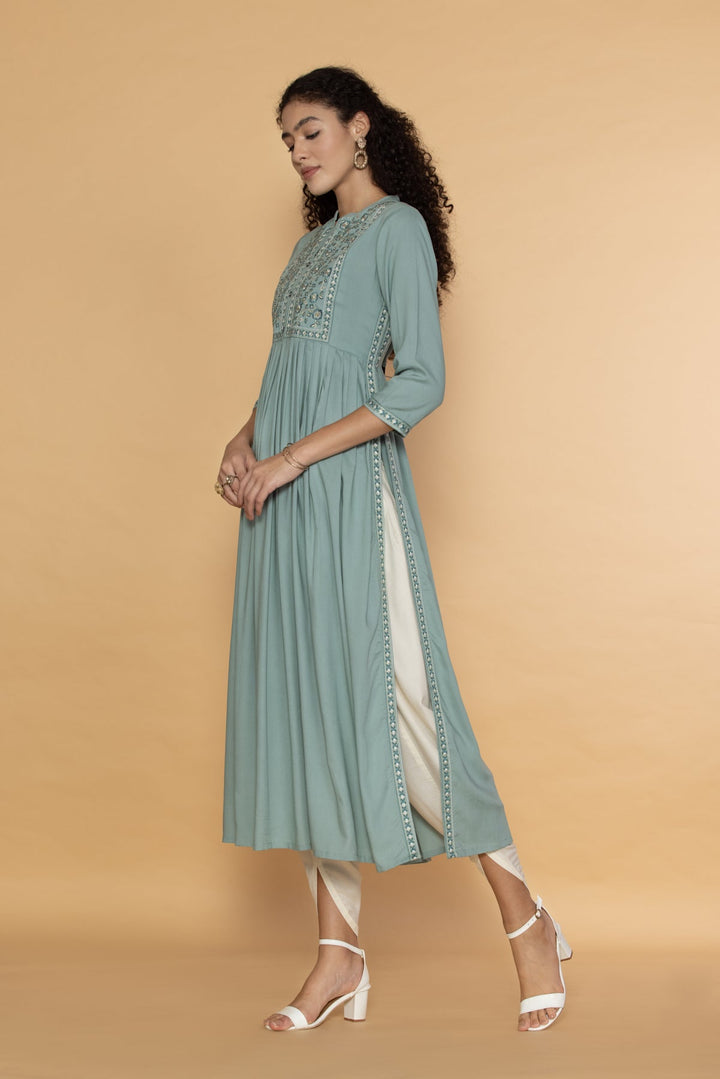 Sea Green Yoke Embroidered Dress