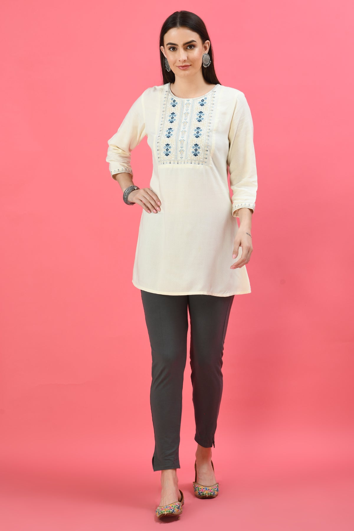 Cream Yoke Embroidered A-Line Top