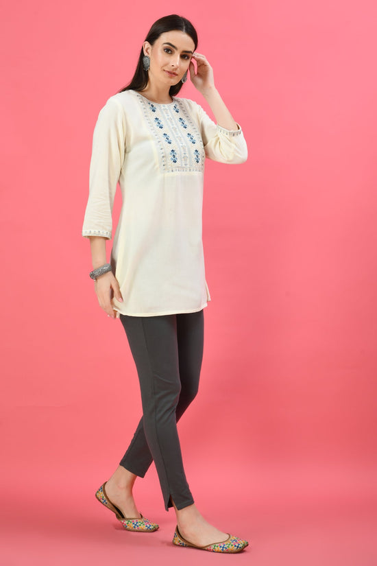 Cream Yoke Embroidered A-Line Top