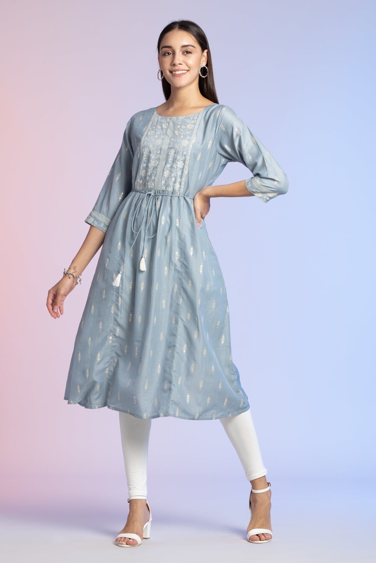 Grey Off White Printed  Kurta