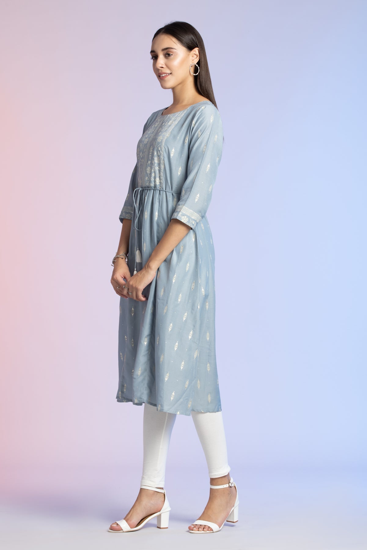 Grey Off White Printed  Kurta