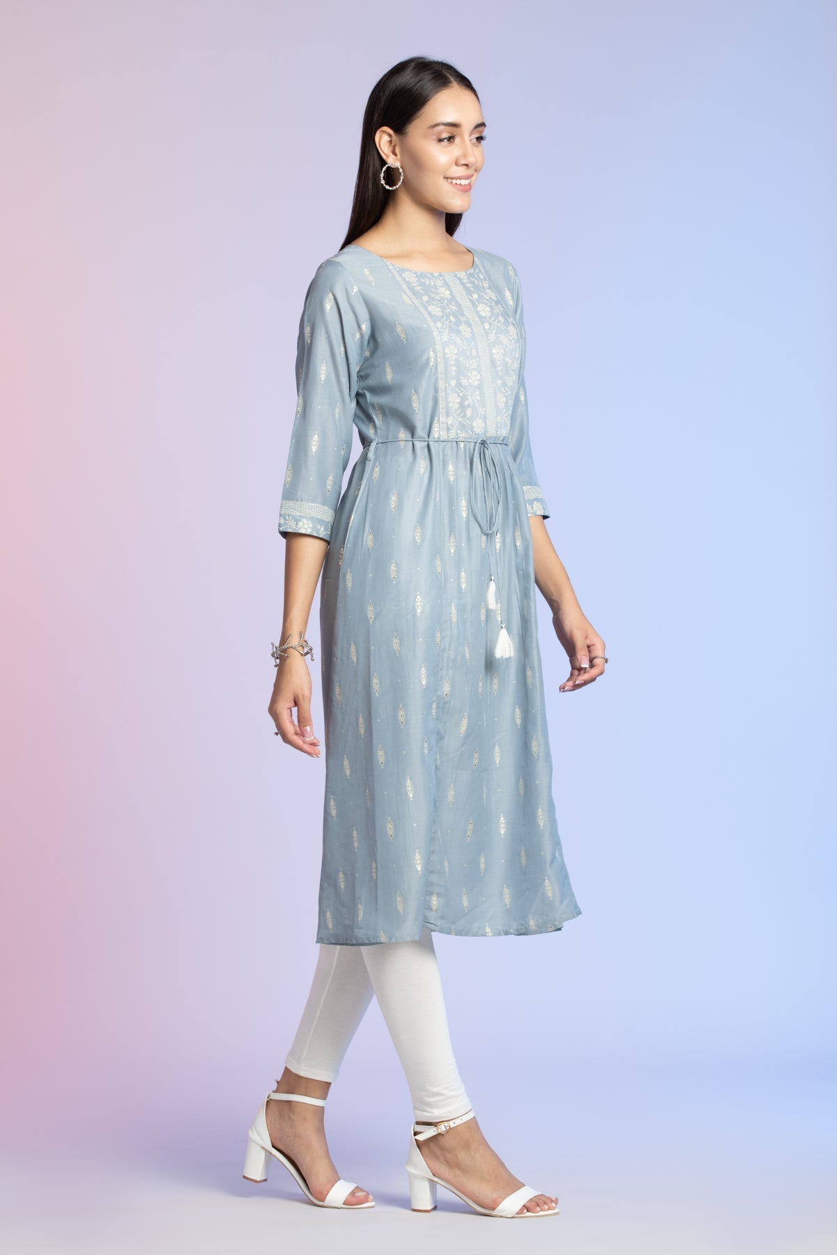 Grey Off White Printed  Kurta