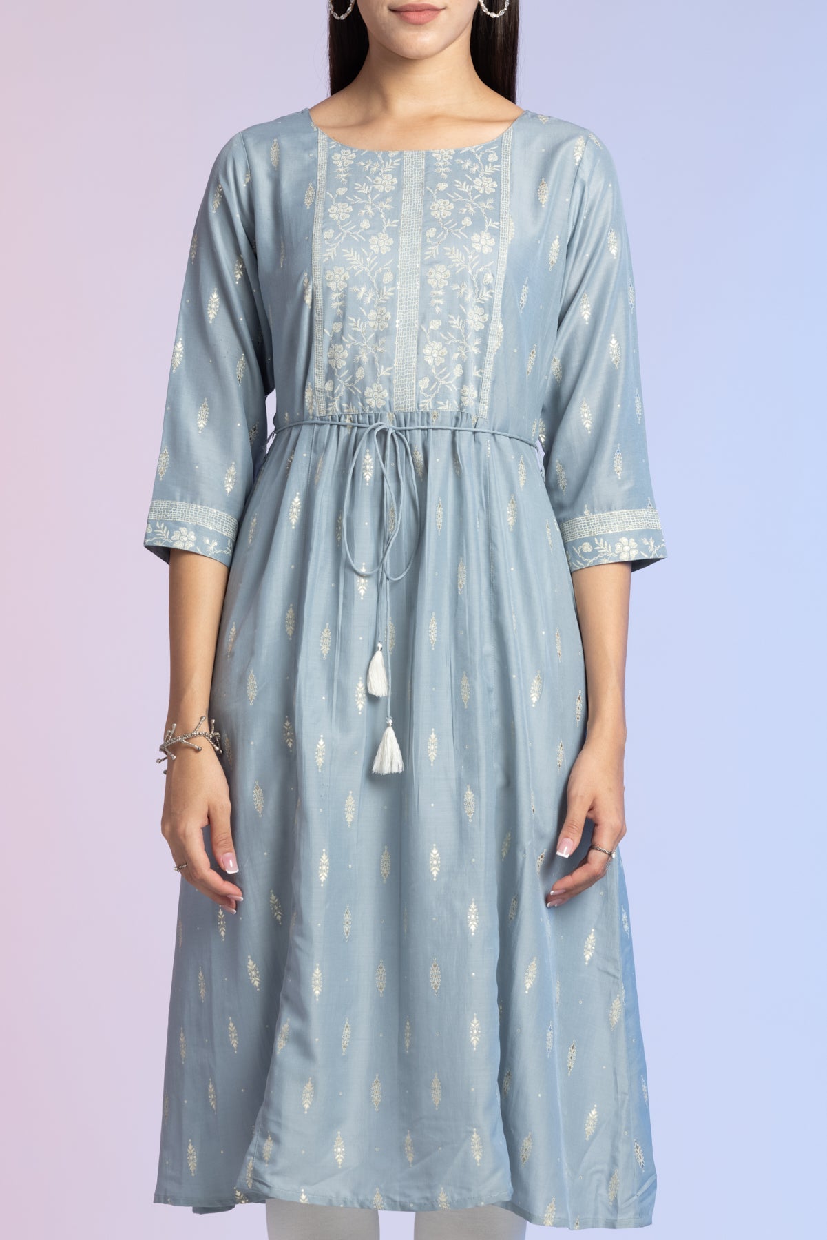 Grey Off White Printed  Kurta