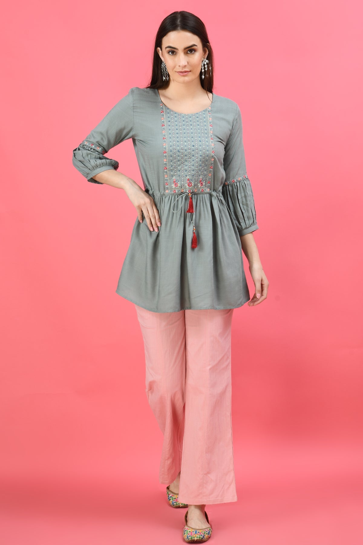 Turquoise Blue Floral Embroidered A-Line Top