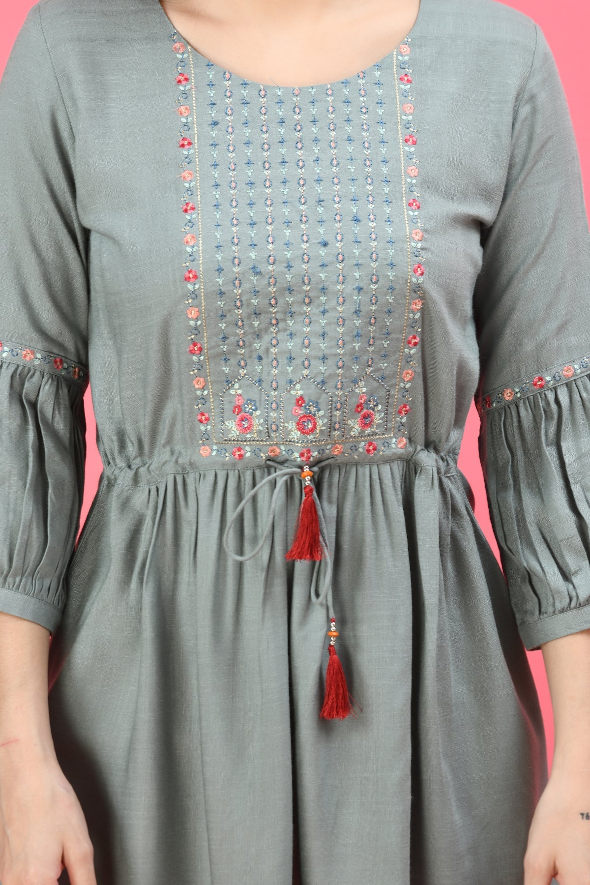 Turquoise Blue Floral Embroidered A-Line Top