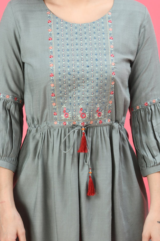 Turquoise Blue Floral Embroidered A-Line Top