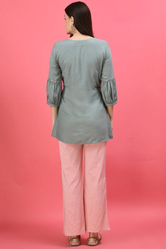 Turquoise Blue Floral Embroidered A-Line Top