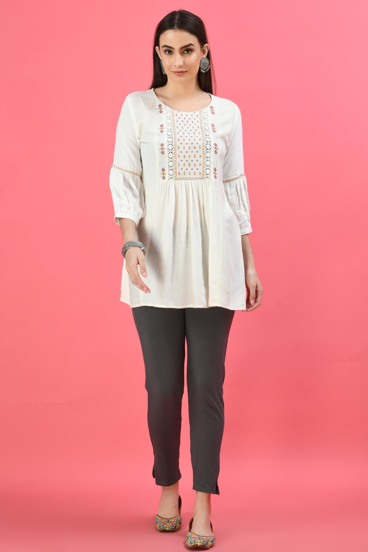Off-White Embroidered A-Line Kurti