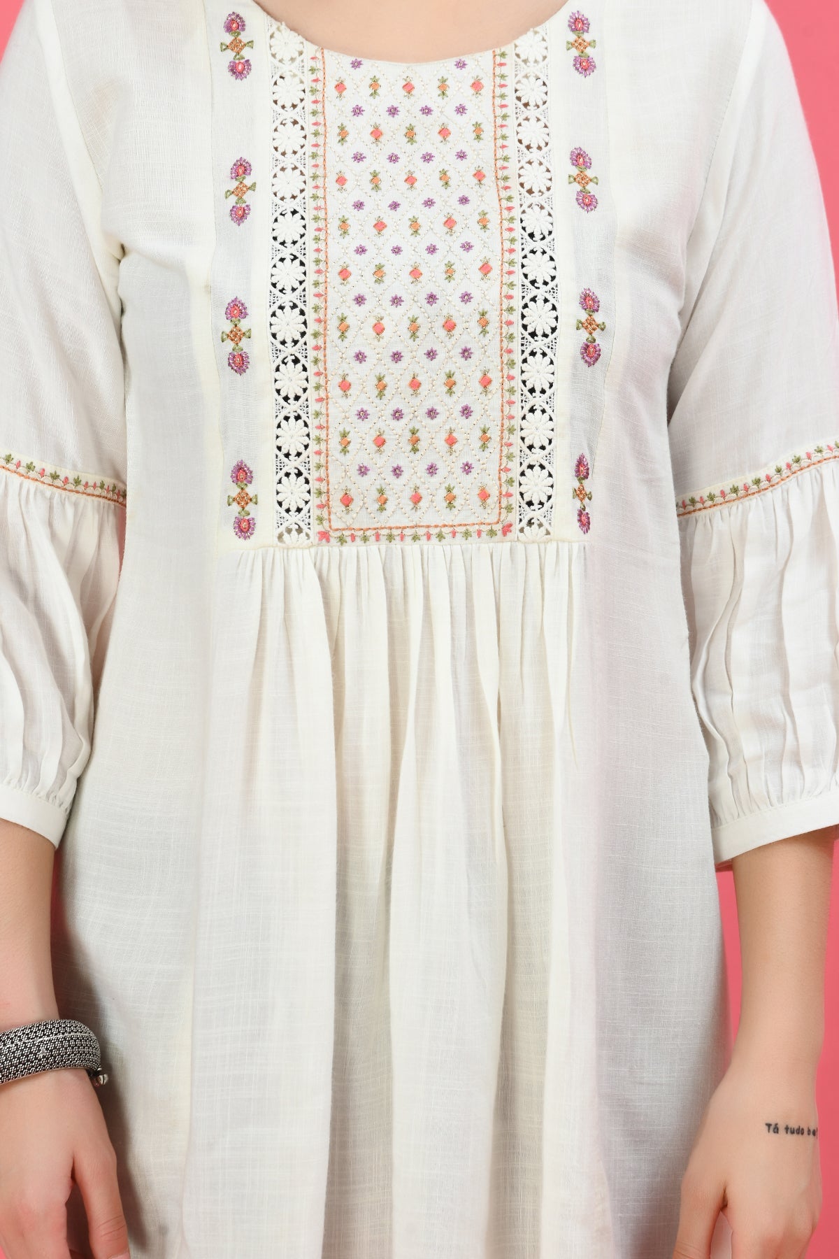Off-White Embroidered A-Line Kurti