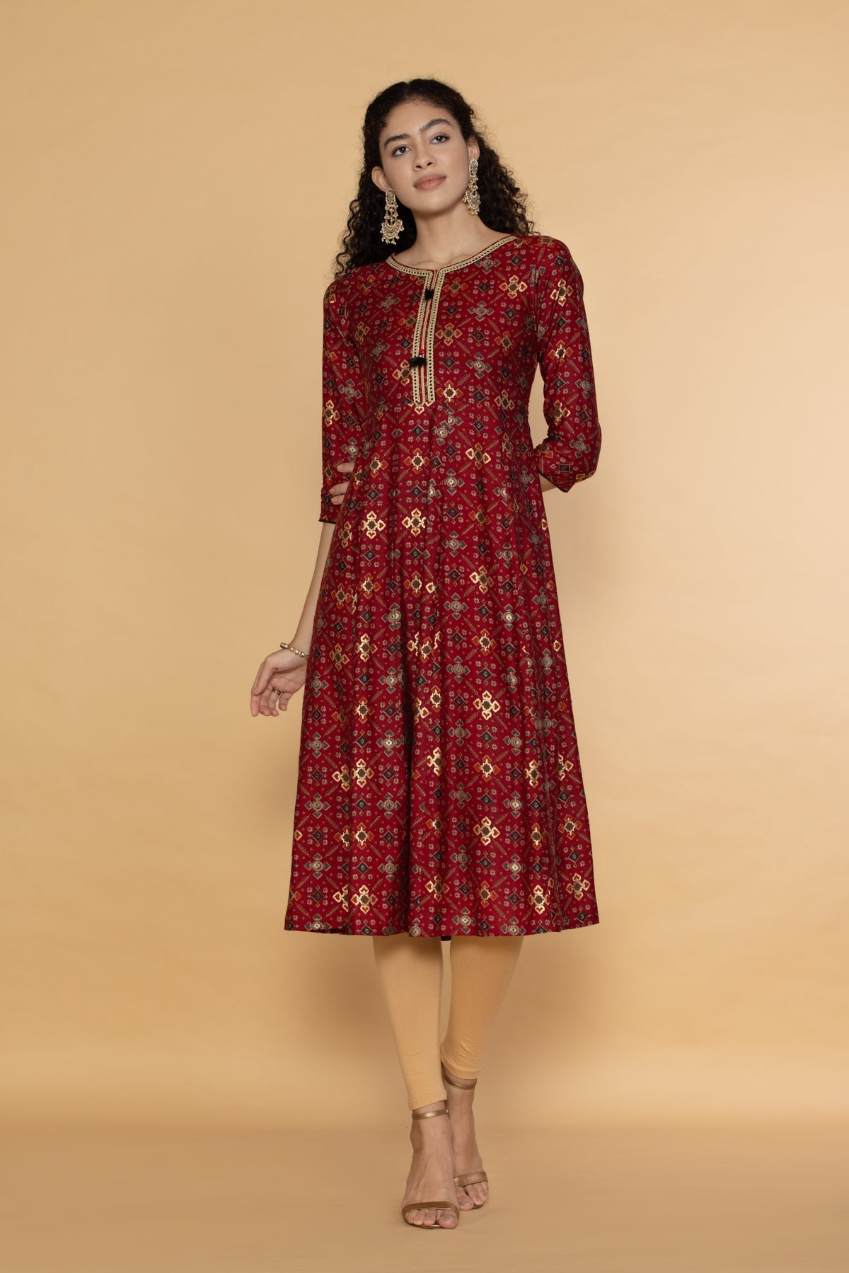 Maroon  Printed Midi Dress