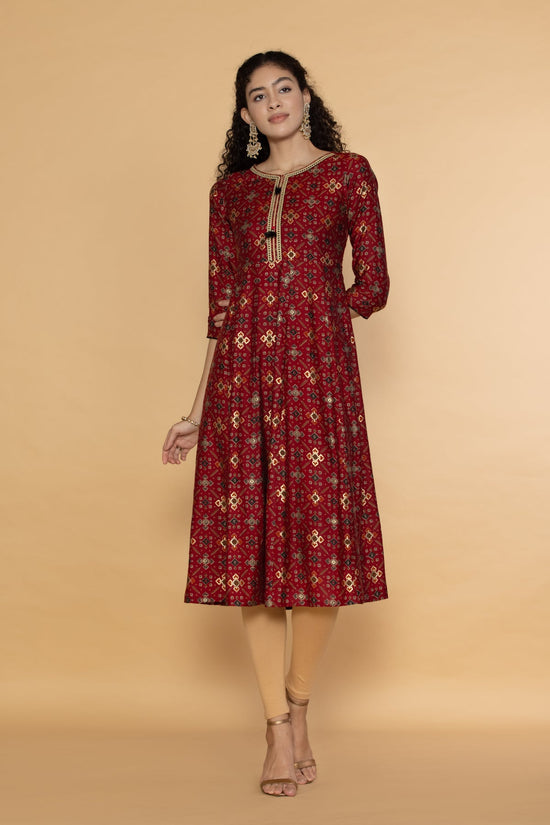 Maroon  Printed Midi Dress
