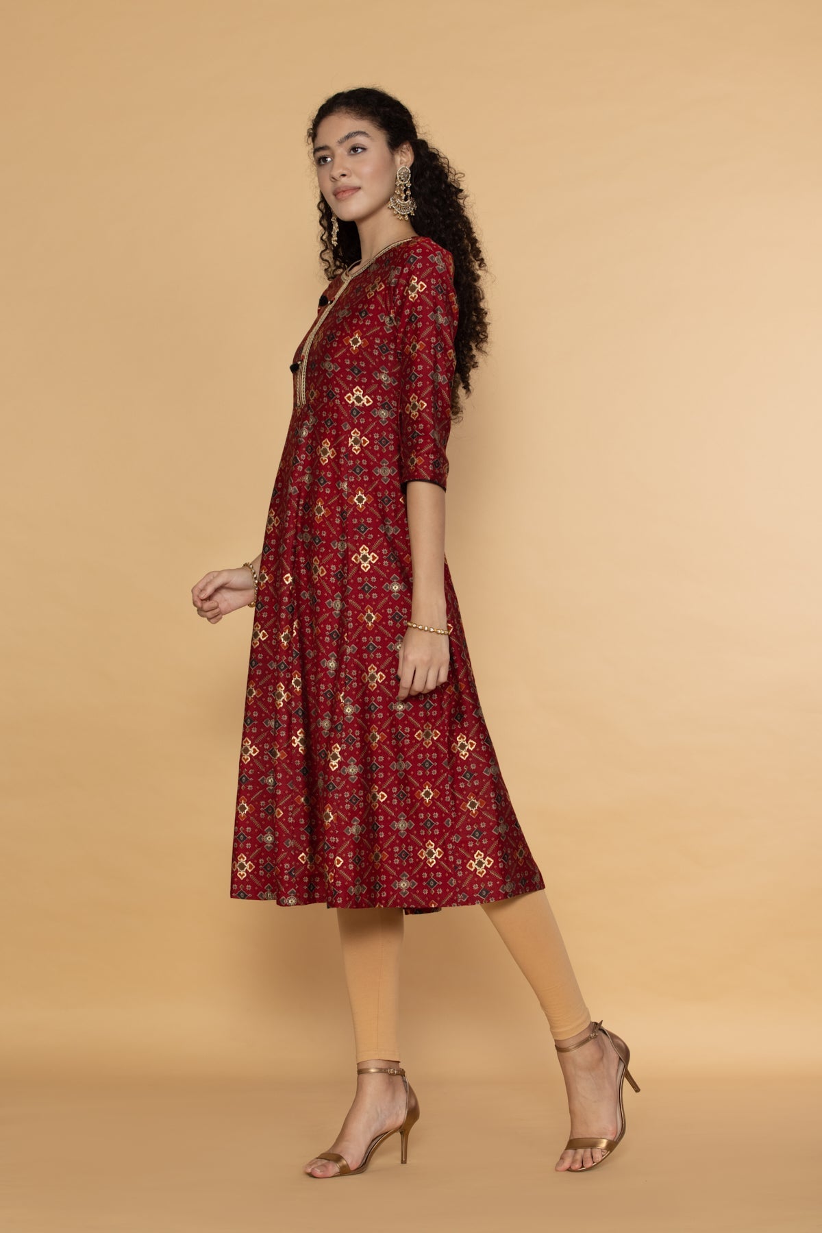 Maroon  Printed Midi Dress