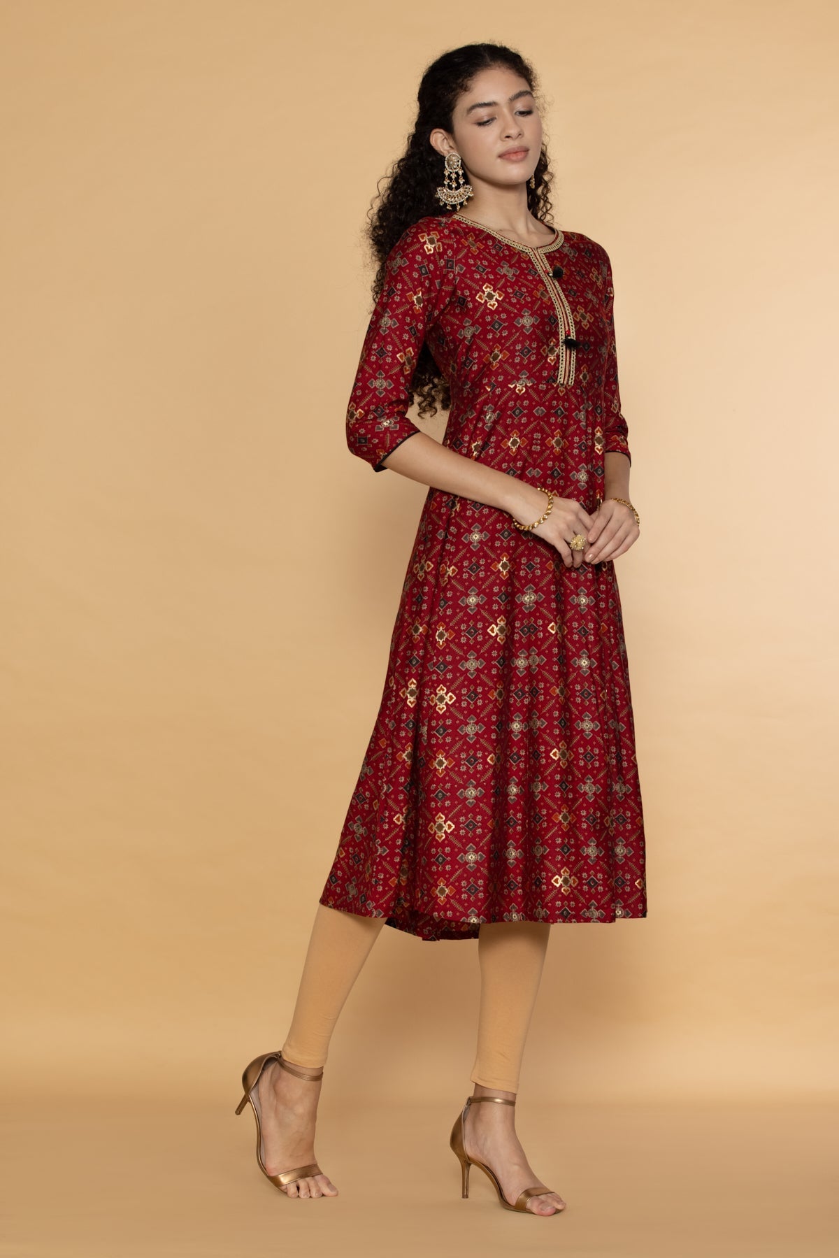 Maroon  Printed Midi Dress
