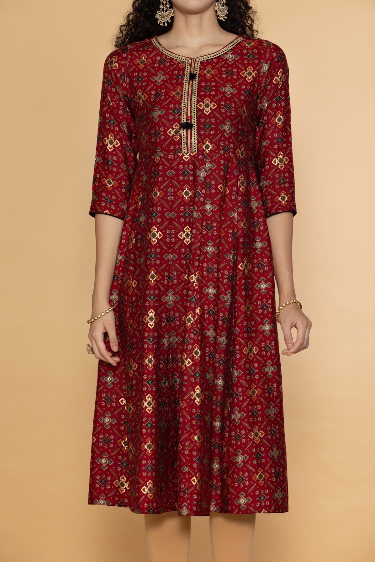 Maroon  Printed Midi Dress