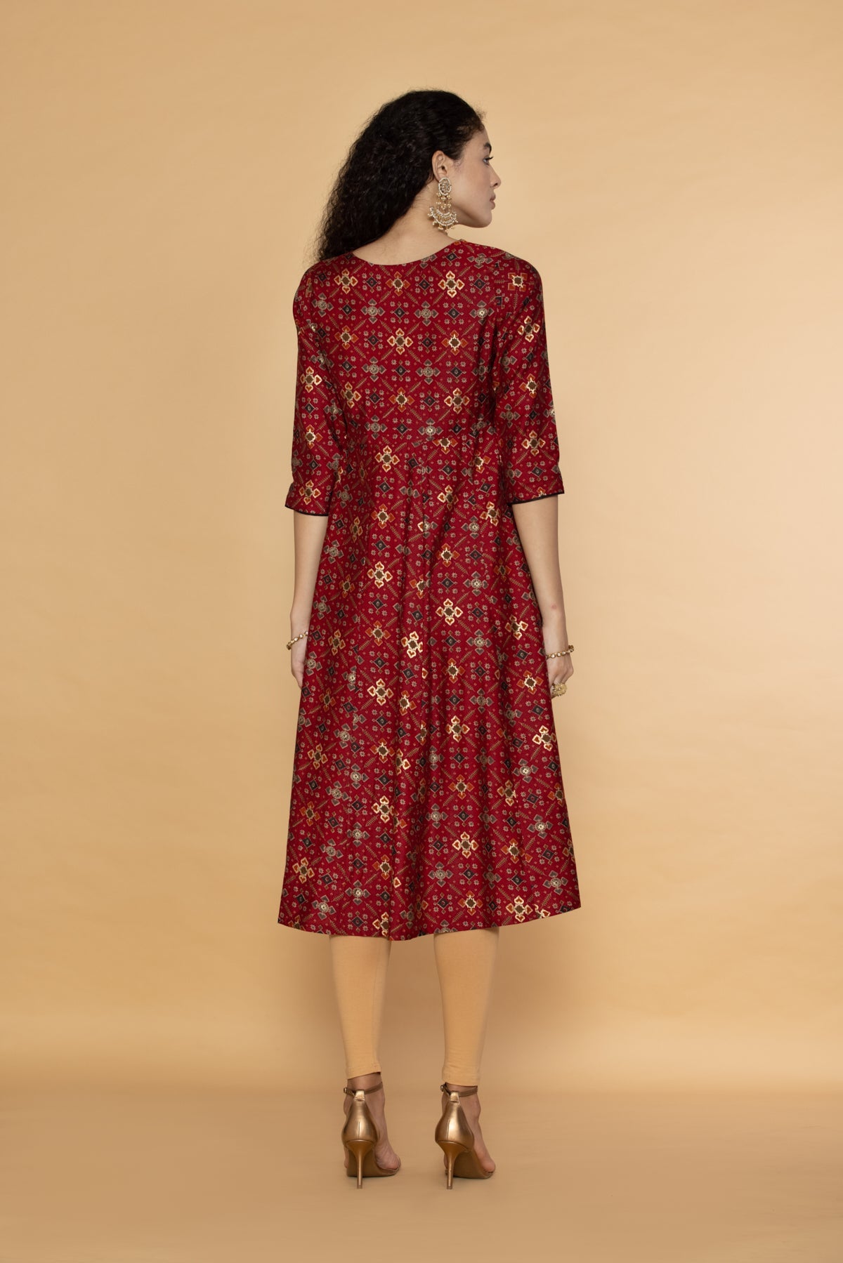 Maroon  Printed Midi Dress