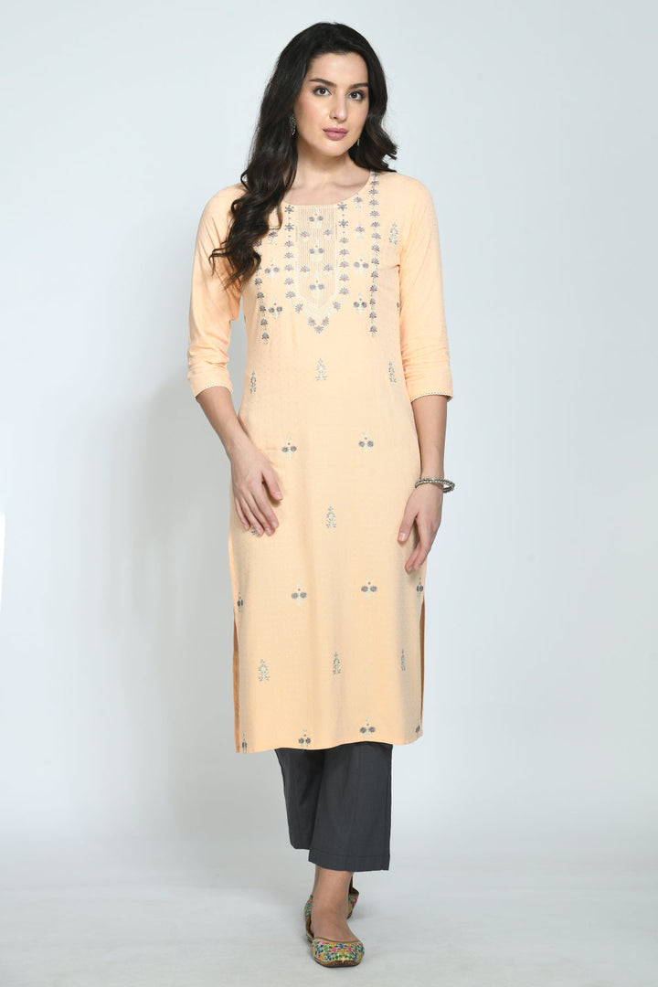 Peach Yoke Embroidered Kurta