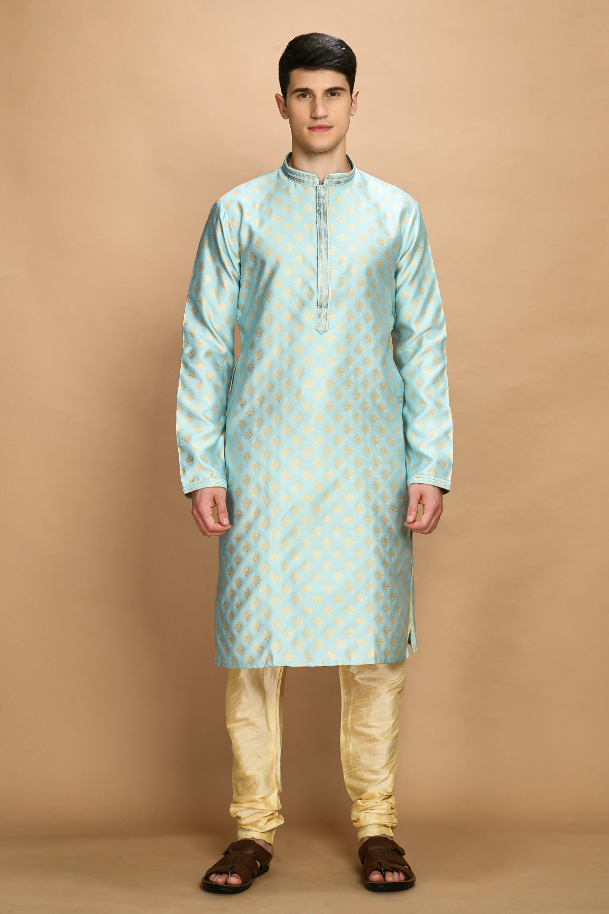 Sky Blue and Gold-Coloured Self Design Kurta with Churidar