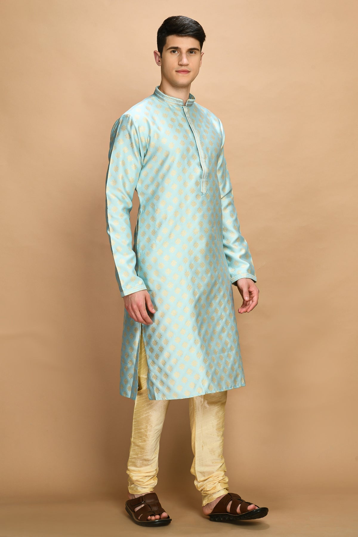 Sky Blue and Gold-Coloured Self Design Kurta with Churidar