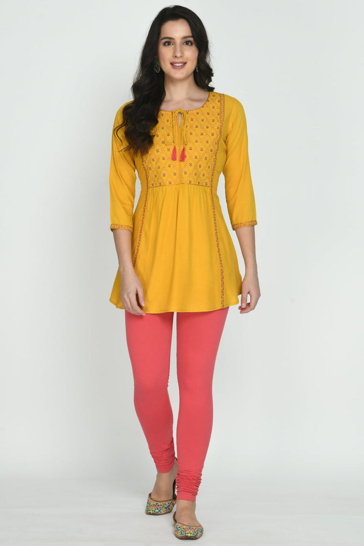 Mustard Yellow Floral Yoke Embroidered Top