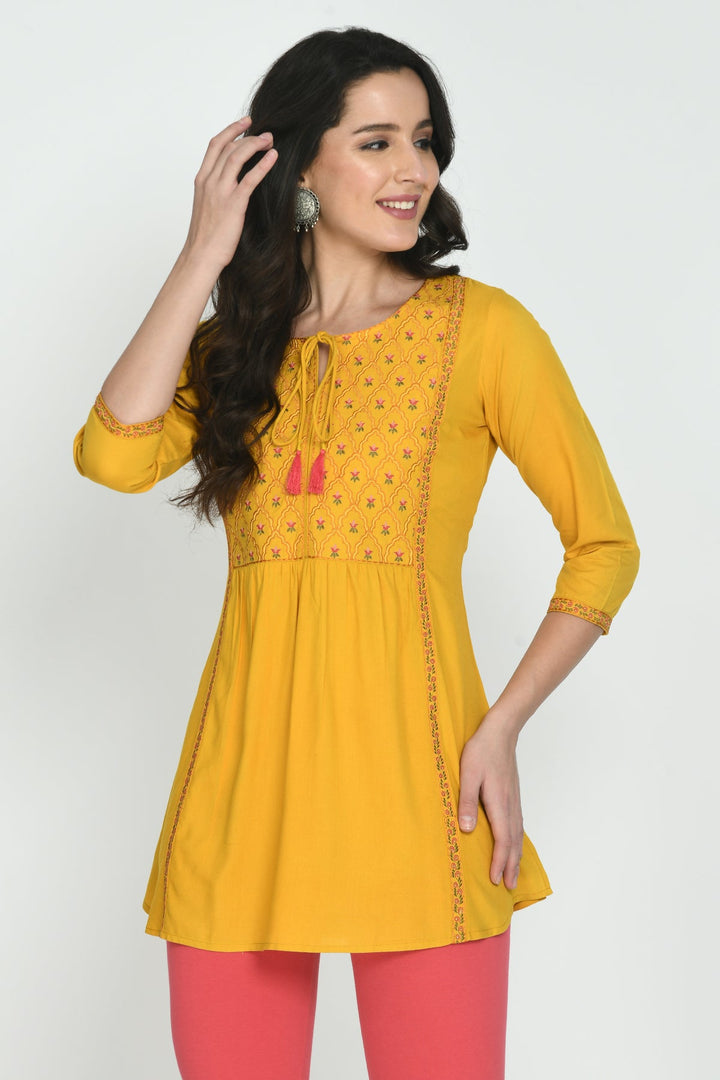 Mustard Yellow Floral Yoke Embroidered Top