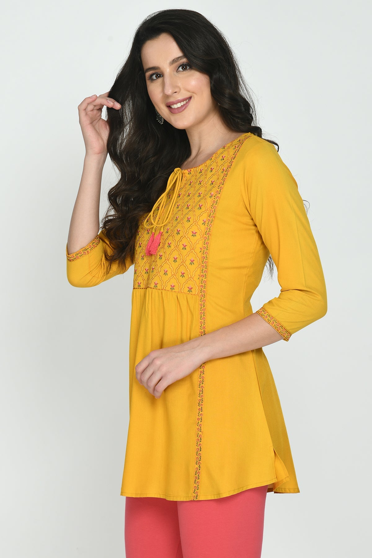 Mustard Yellow Floral Yoke Embroidered Top