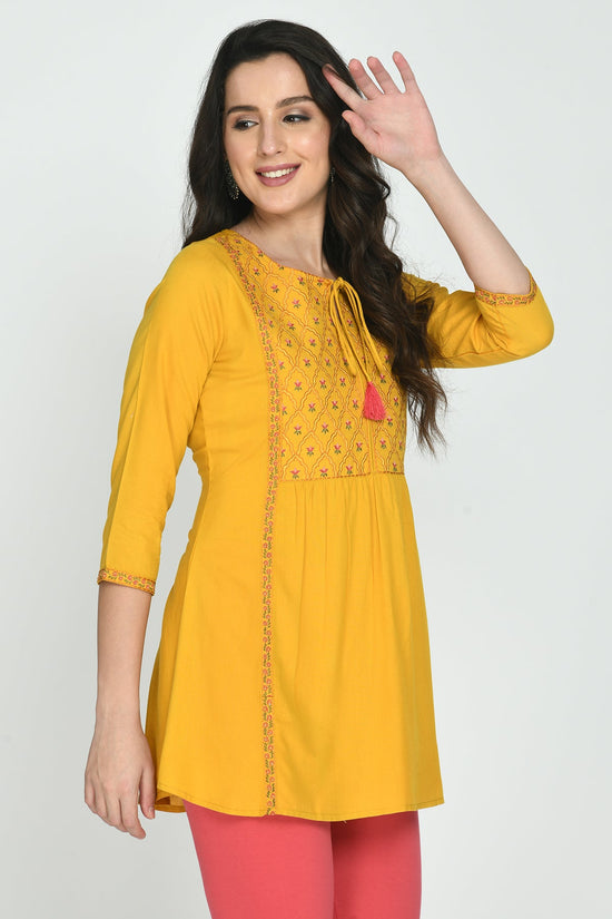 Mustard Yellow Floral Yoke Embroidered Top
