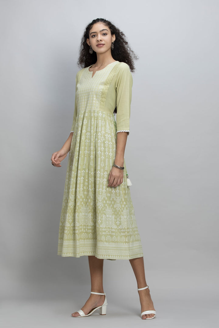 Green Yoke Embroidered and Printed Dress